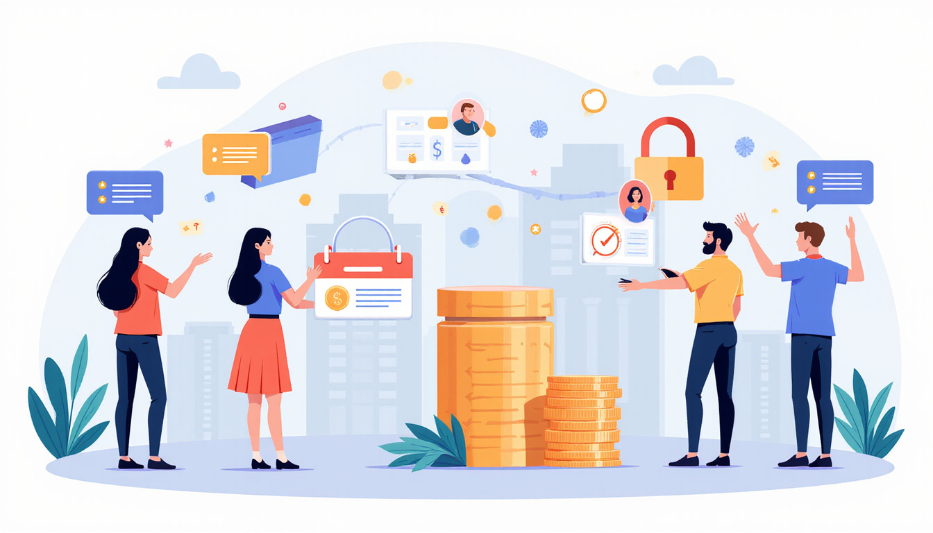 Clean infographic cutaway of escrow process with locks, calendar, money, diverse buyer and seller avatars