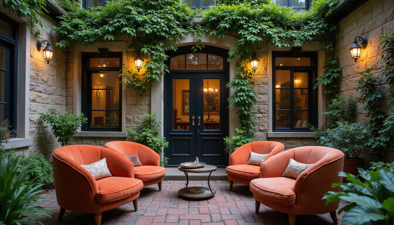 Hidden courtyard urban guesthouse, ivy-covered stone walls, vintage lanterns, cozy velvet armchairs, travelers laughing