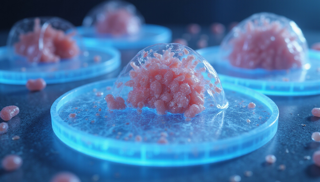  Futuristic lab scene showing 3D tissue regeneration with hydrogel scaffold, cells proliferating, soft blue illumination