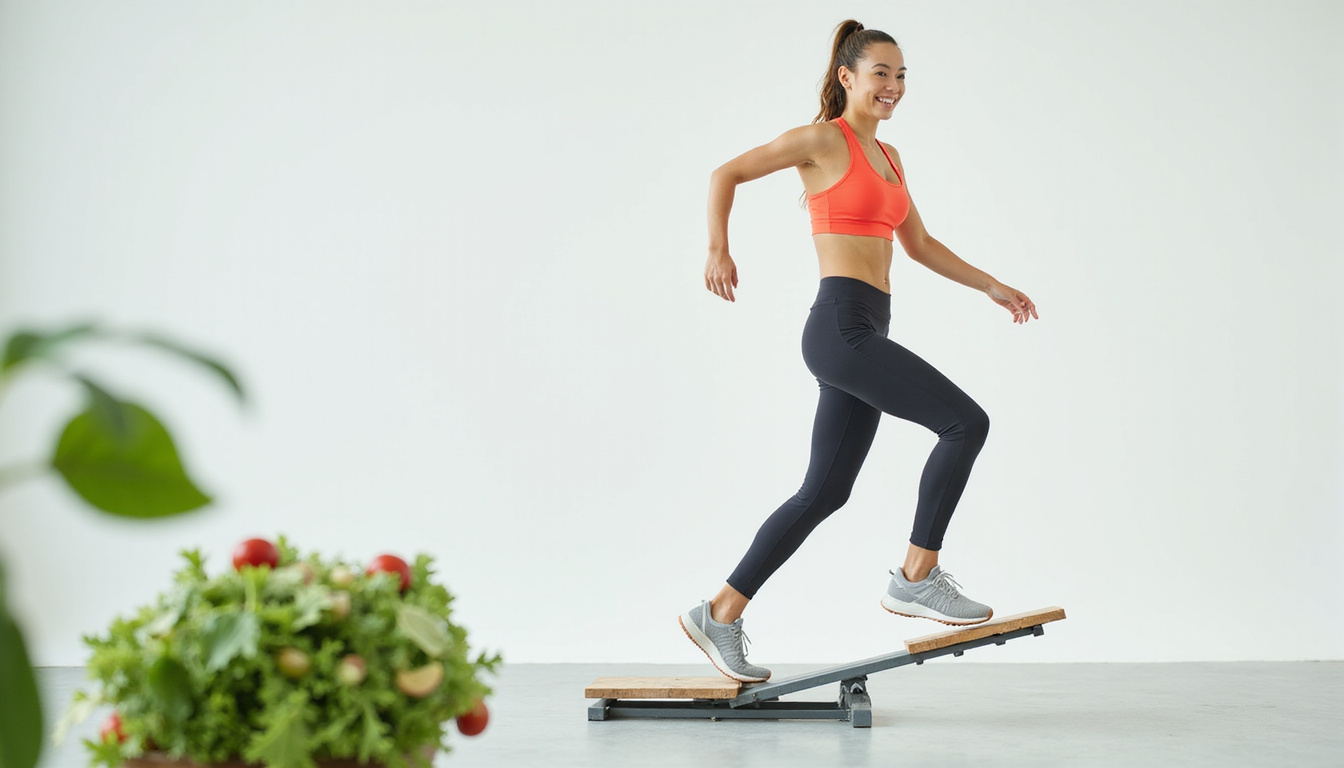  smiling person in workout clothes stepping off scale, relaxed posture, leafy salad in foreground