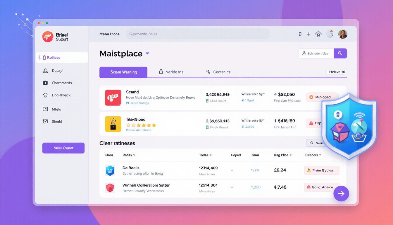  Digital marketplace interface with scam warning, verified badge, clear ratings, protective shield overlay
