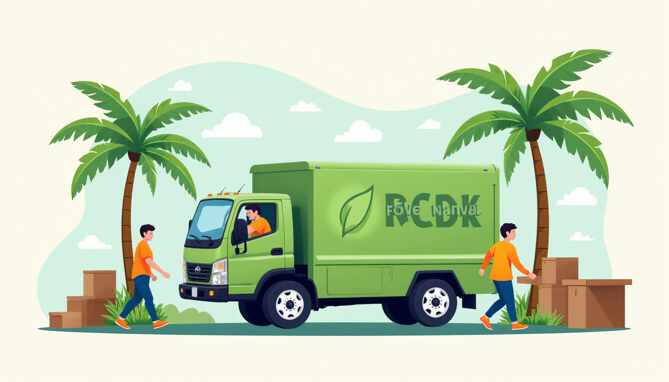  Eco-friendly junk removal truck near palm trees, efficient crew hauling furniture, money-saving icons overlay