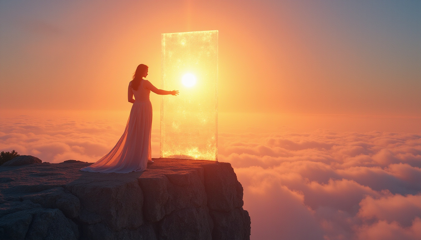  Woman standing on cliff projecting translucent crystal barrier deflecting dark emotional shadows, sunset