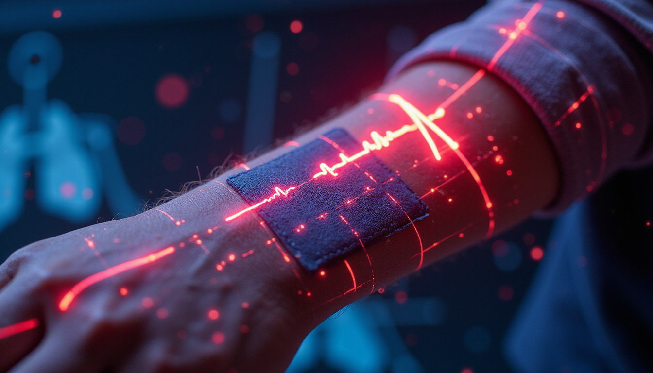  Close-up wrist patch emitting neon pulses, internal organs silhouettes mapping performance metrics