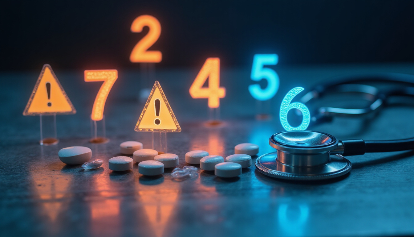  Seven glowing numbered warning icons hovering over pills and stethoscope, dark medical background