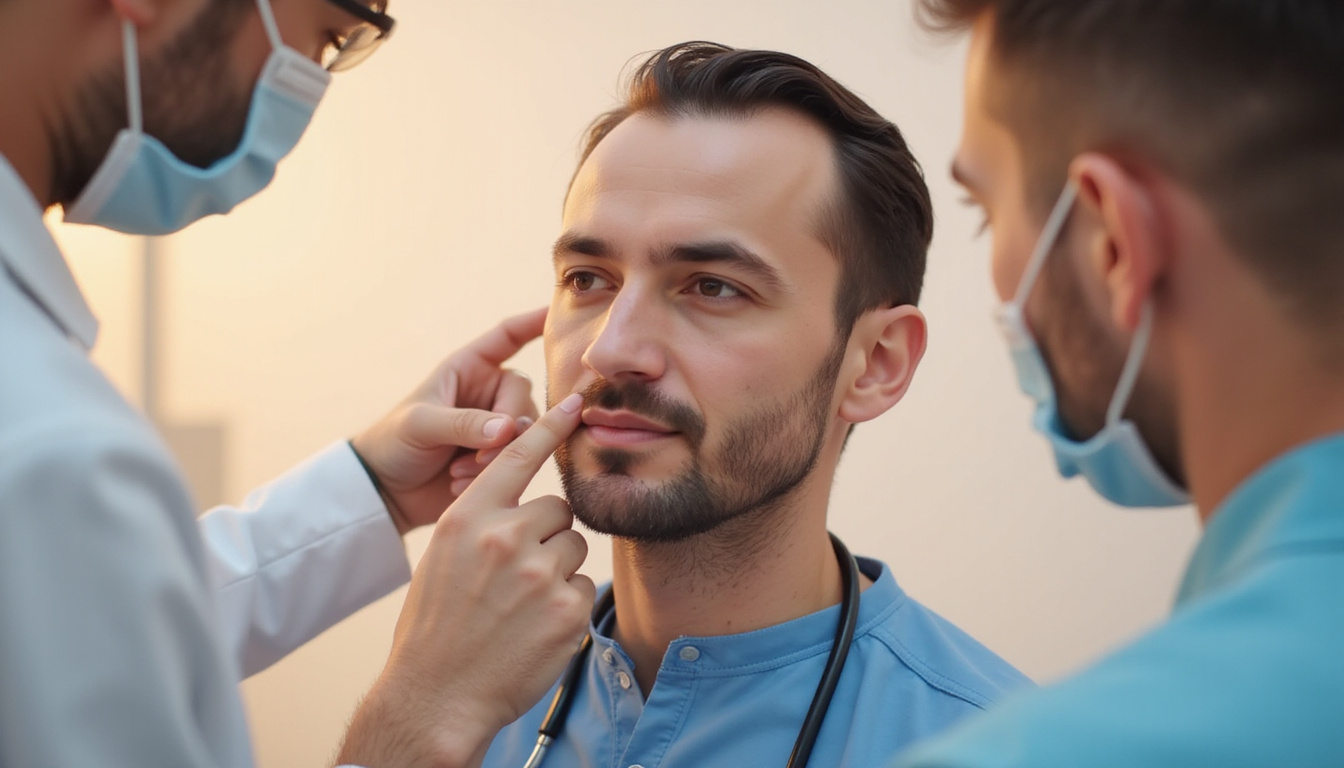  Trans man receiving hairline micrograft consultation, doctor pointing at digital hairline simulation, warm tones