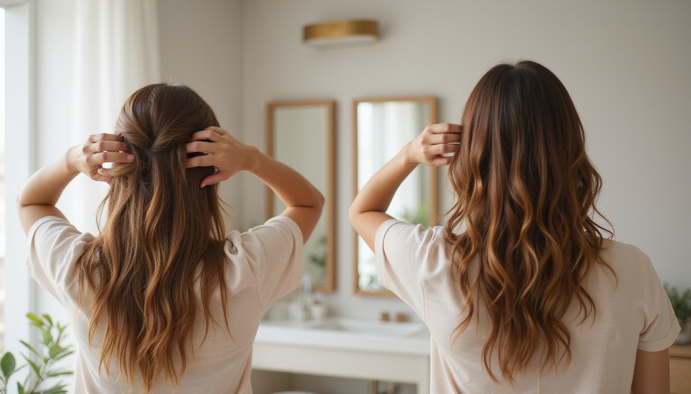  Woman massaging scalp, natural oils, herbs, before-and-after hair transformation, serene bathroom