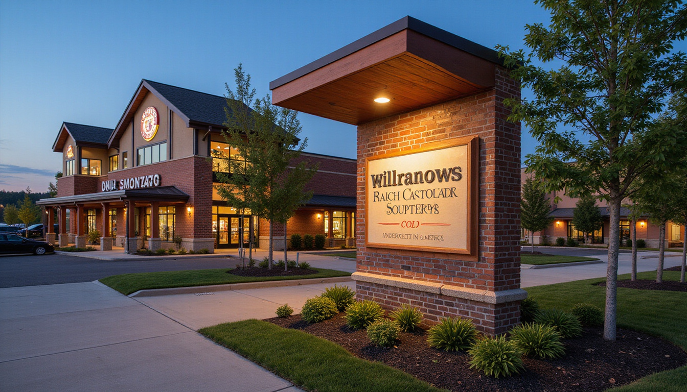 Modern brick and wood monument sign at shopping center entrance, evening glow, increased foot traffic