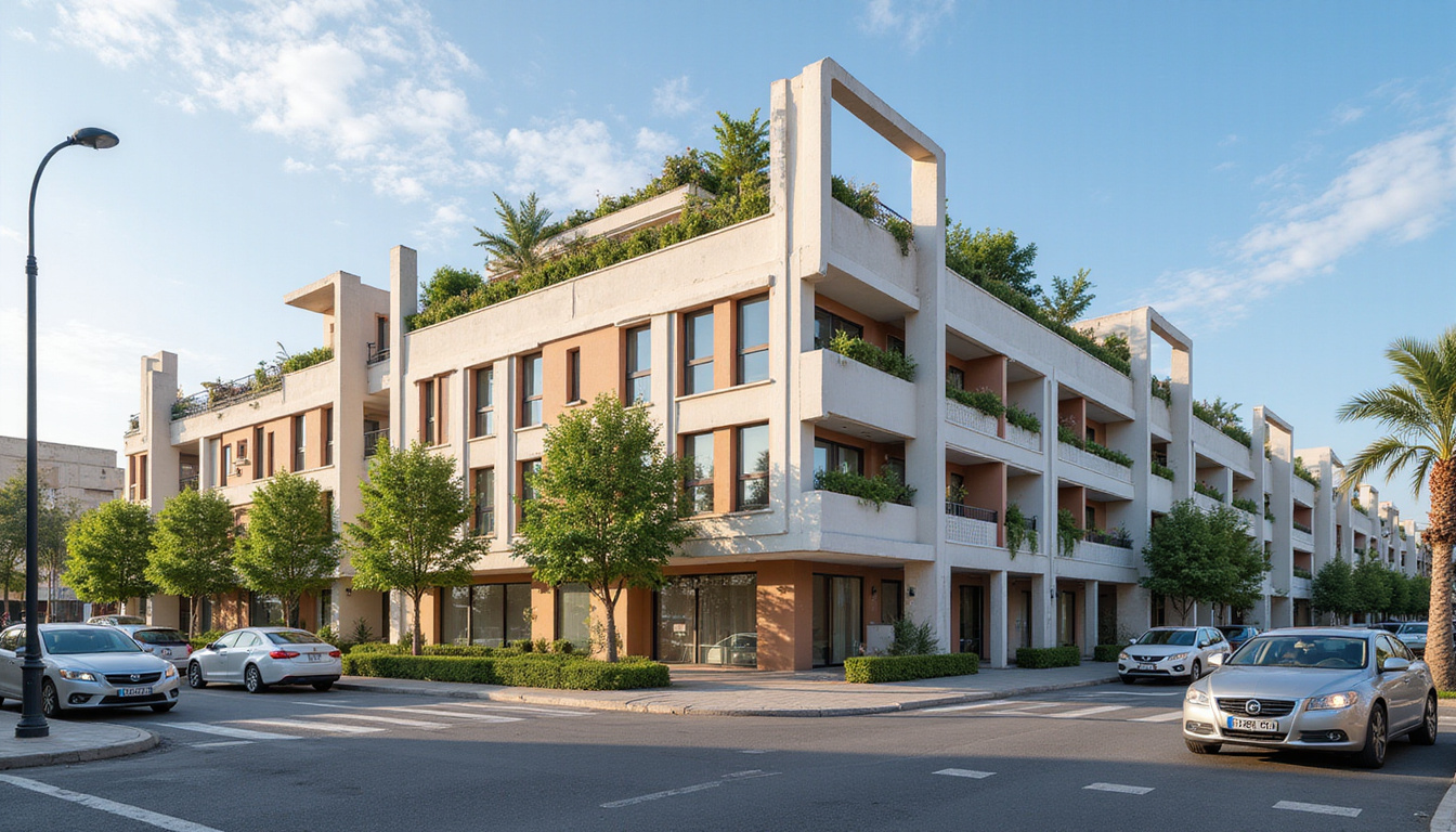 Contemporary building facade in Mansoura, rooftop gardens, balconies, busy street, Egyptian urban skyline