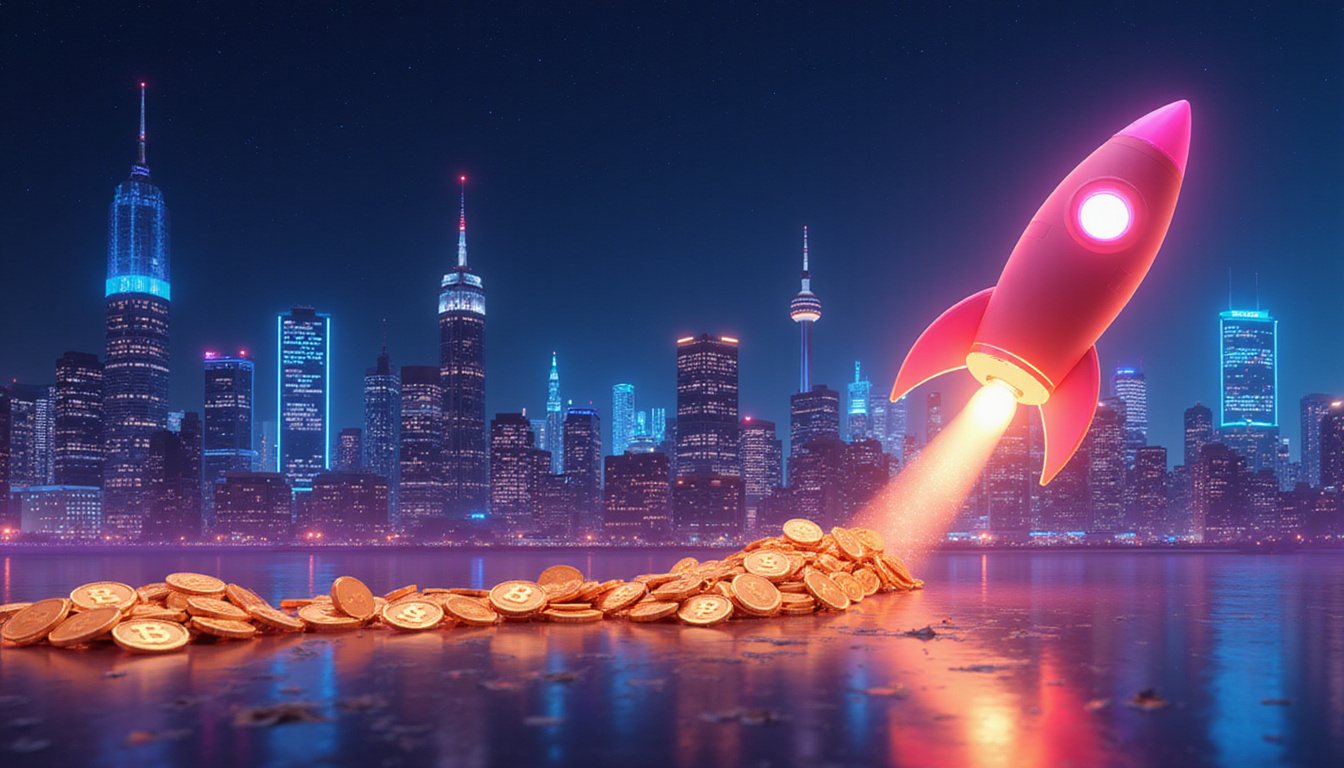 Rocket-shaped analytics graph launching glowing loyalty coins toward diverse smiling customers on neon skyline