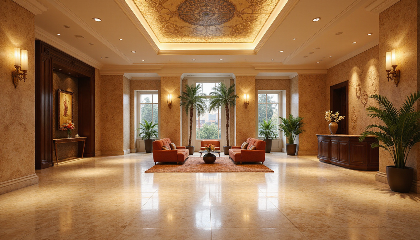 Elegant hotel lobby blending modern minimalism with ornate Egyptian motifs, palm shadows, warm marble