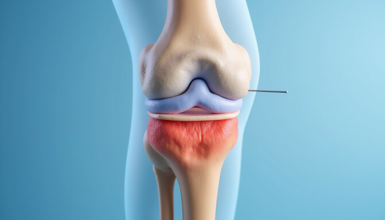  Detailed cross-section of knee joint showing tibiofemoral anatomy, cartilage, needle, soothing blue tones