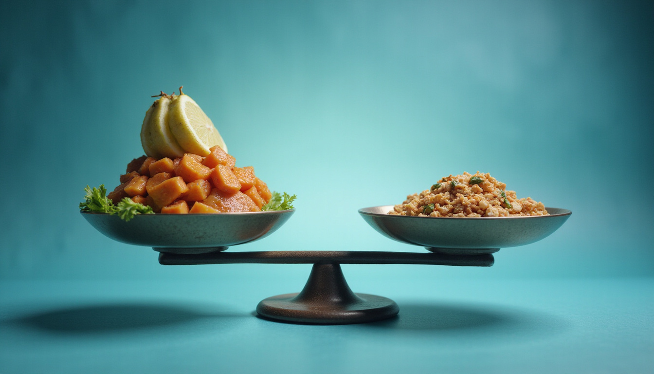 Cinematic medical infographic: scale balancing fat and cravings, insulin molecule spotlighted