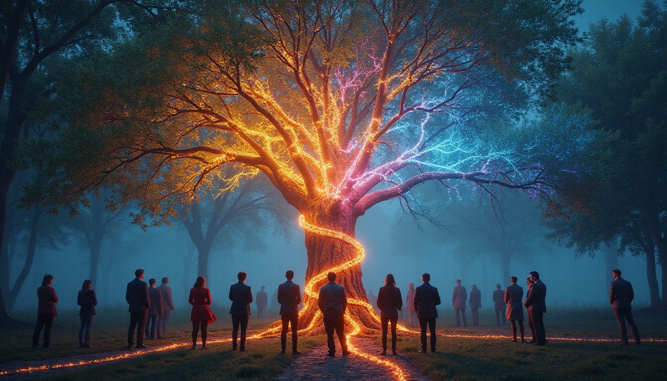 Diverse community encircling a glowing neural tree, winding pathways, therapy notes, nature background