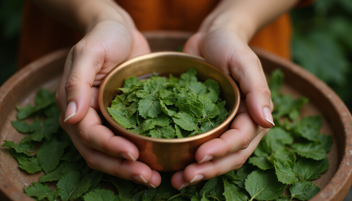Close-up hands preparing ancient herbal decoction, neem leaves, copper vessel, warm soft light