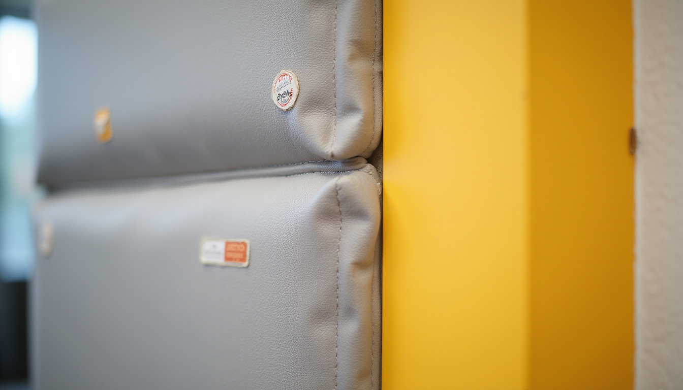  Close-up of wall and pole padding installation, textured vinyl, stitching, safety labels, warm lighting