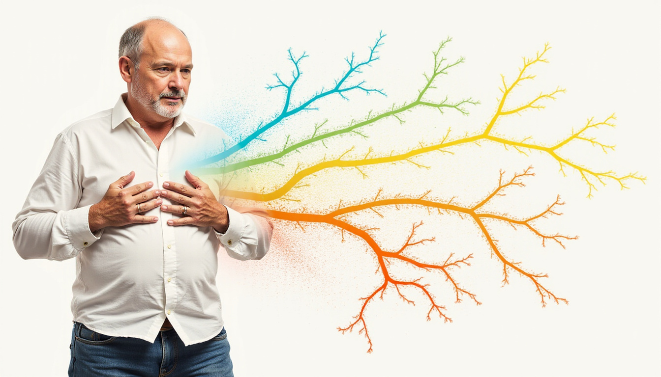 Middle-aged man with protruding belly, low-energy posture, faded colors, digital hormone pathway overlay