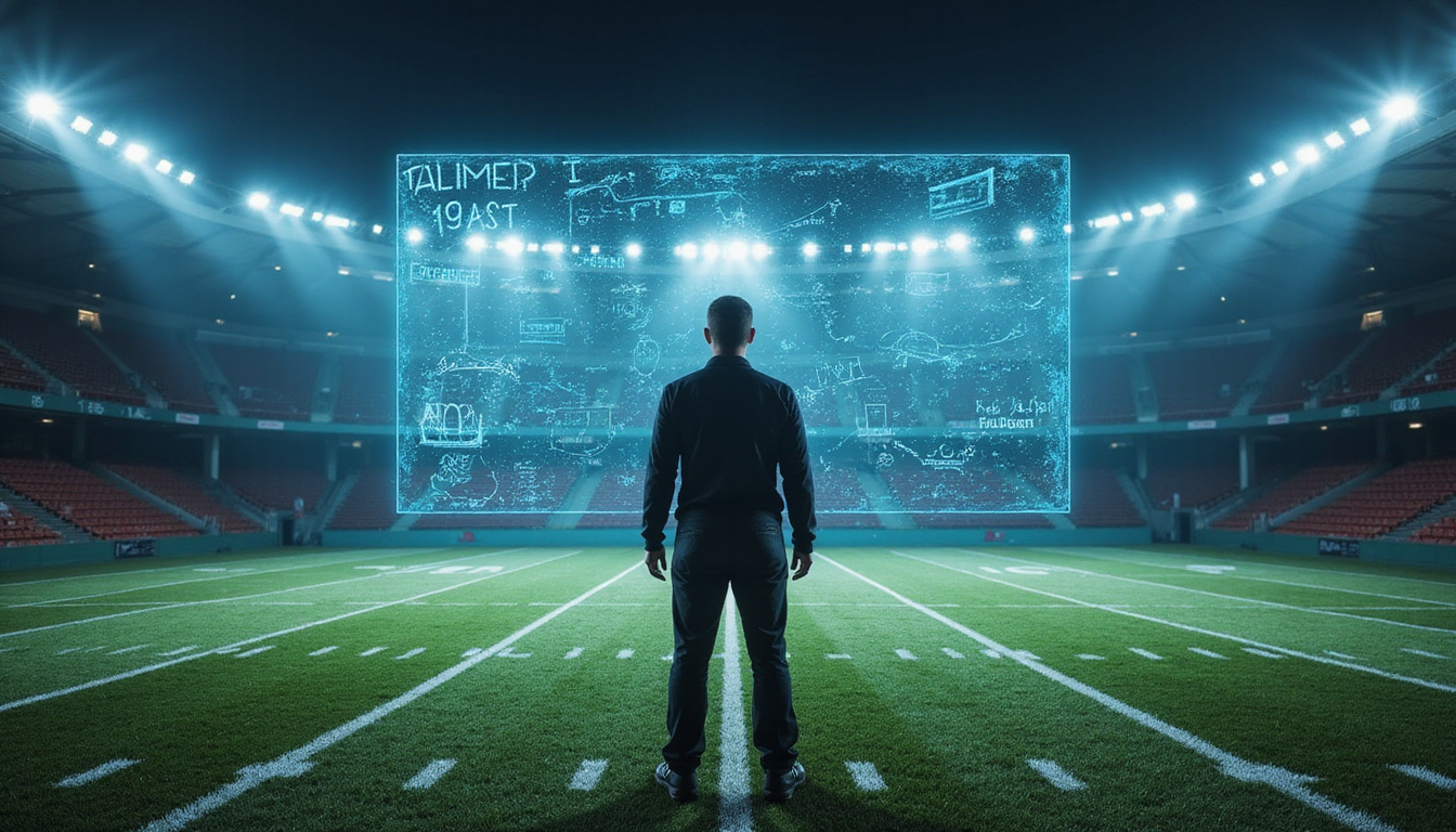  Coach chalkboard strategy hologram above field, teamwork, data metrics, dynamic stadium atmosphere
