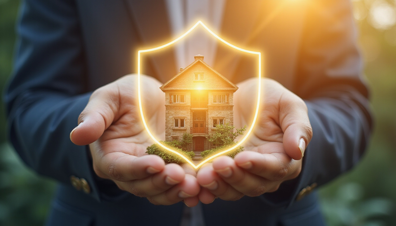  Hands holding apartment building surrounded by shield and growing income graph, soft golden light