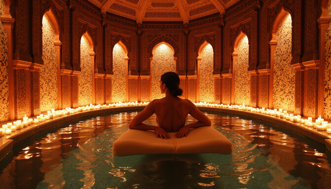Opulent hammam interior with mosaic tiles, arched windows, warm candles, therapist performing luxury massage