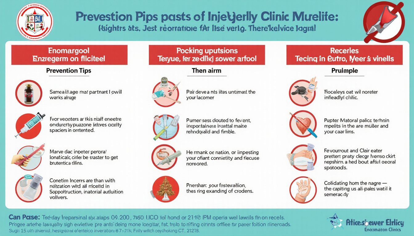  Educational clinic poster: prevention tips, proper injection technique, signs to seek urgent care, red alert