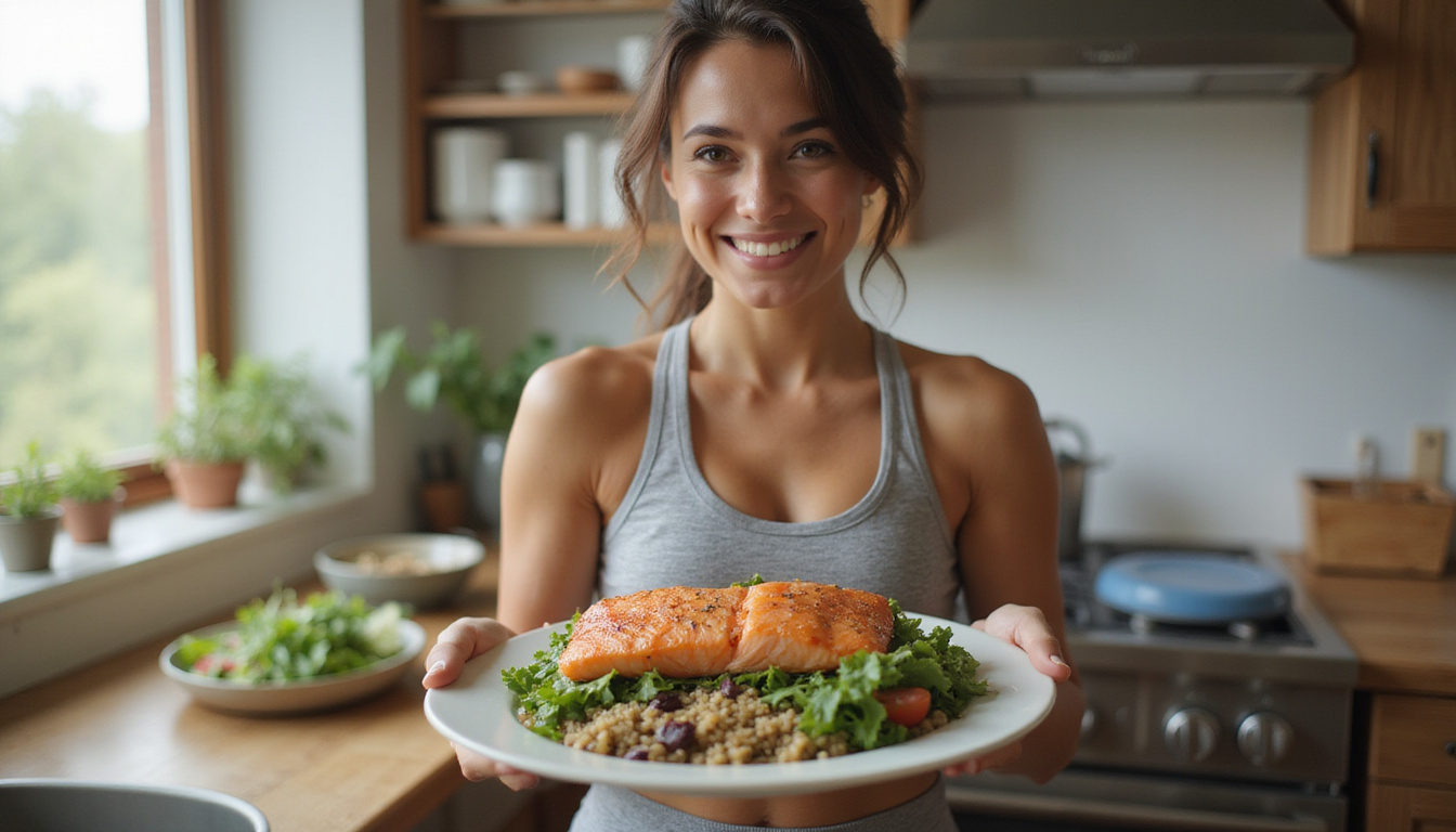Athletic woman smiling, holding balanced plate with grilled salmon, quinoa, greens, cozy kitchen, morning light