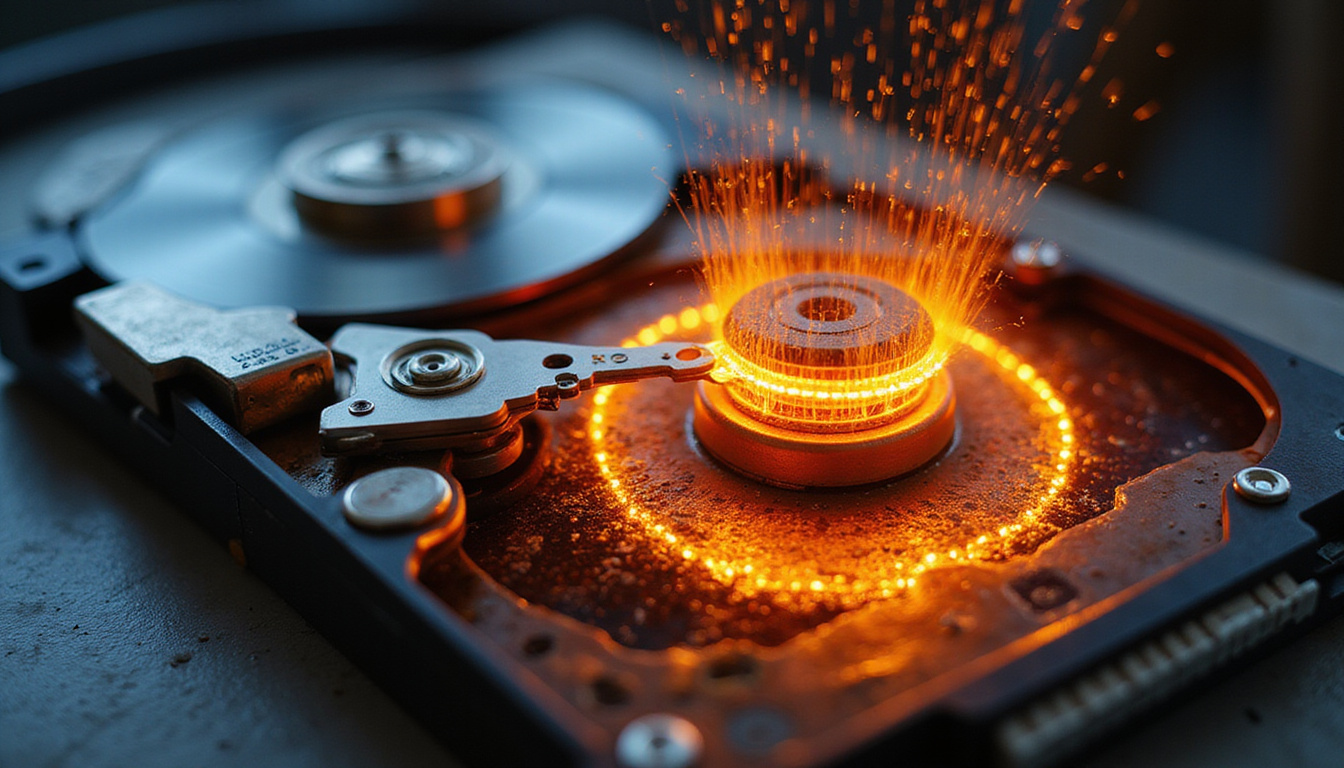 Close-up of magnetic hard disk being degaussed, glowing coil, binary code dissolving, sterile lab