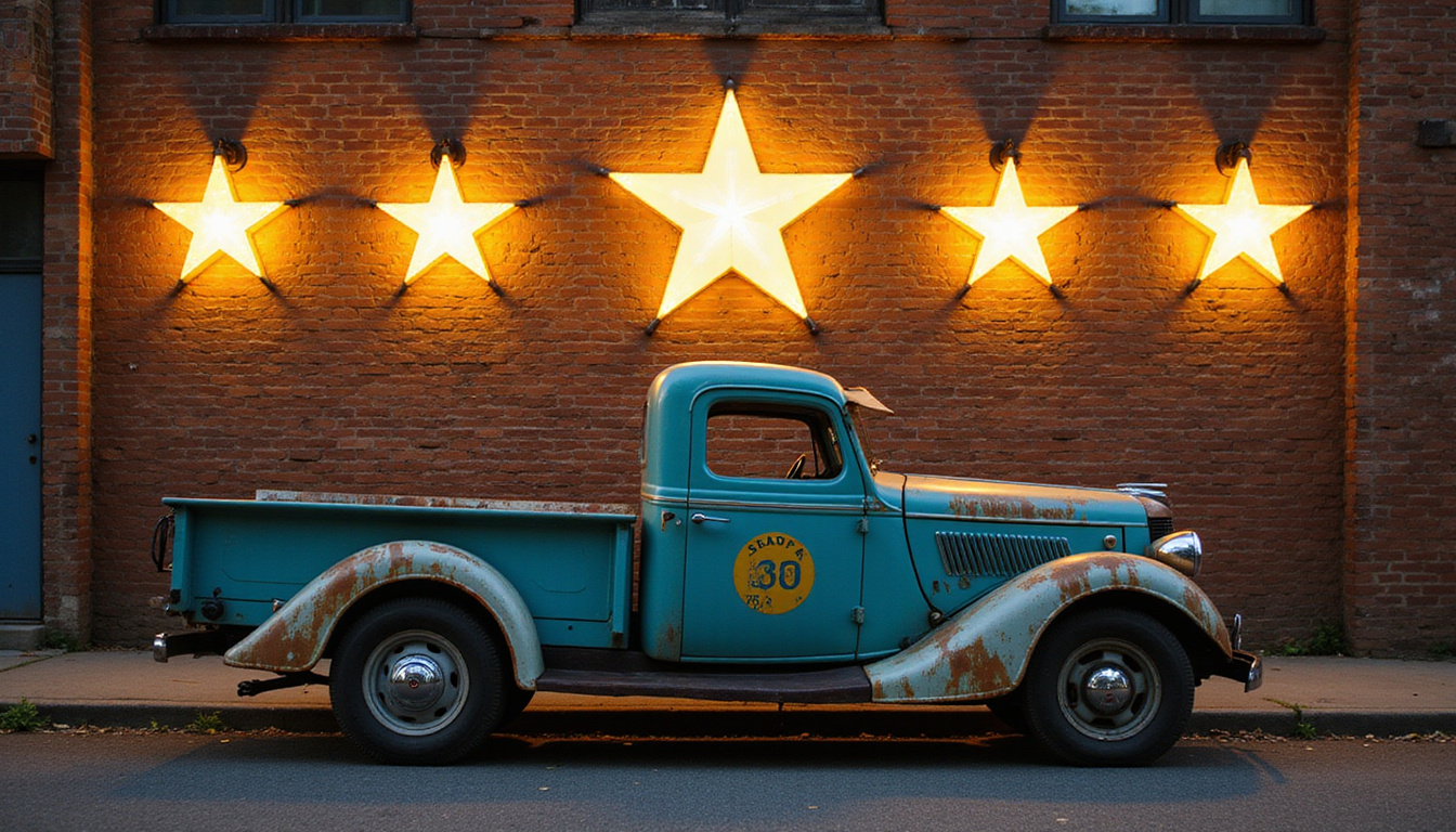 Vintage junk truck parked under giant glowing Google review stars, local map, satisfied homeowners