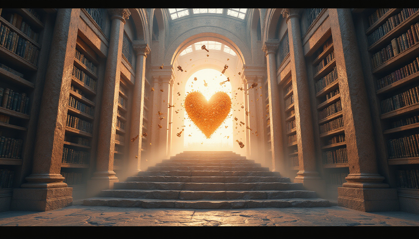 Ancient library of light, floating keys unlocking radiant heart, stairs ascending into clarity