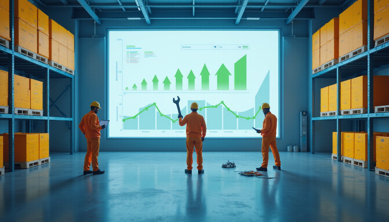  Engineers analyzing digital throughput dashboard, green arrows rising, wrench fixing bottleneck, bright warehouse