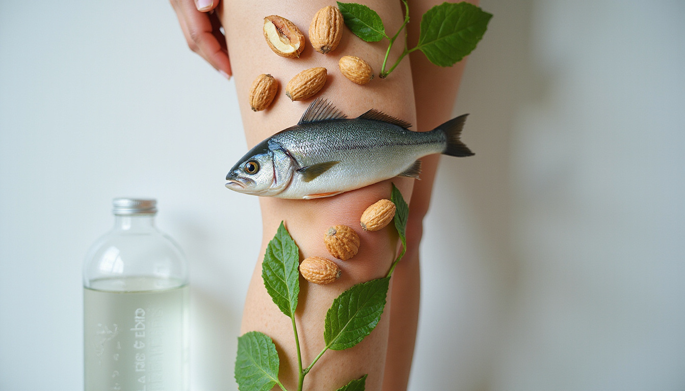  Close-up knee anatomy overlay with fish, nuts, leafy greens, water bottle, soft clinical style