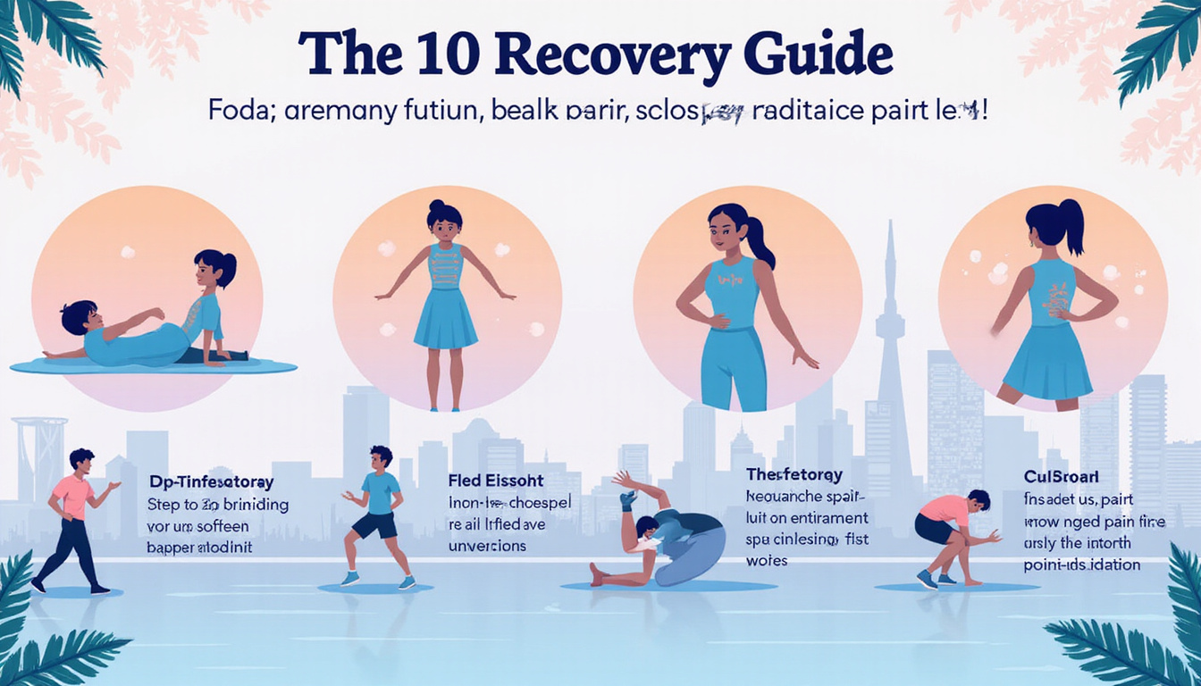 Infographic-style recovery guide showing exercises, pain points glowing, calming pastel palette, Singapore skyline backdrop
