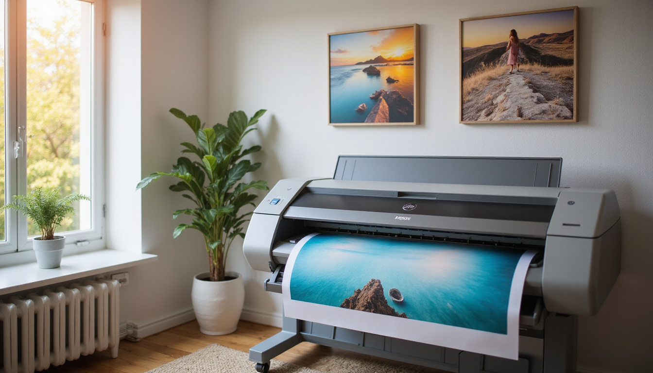  Printer producing large matte photographic print, gallery wall staging, warm natural window light