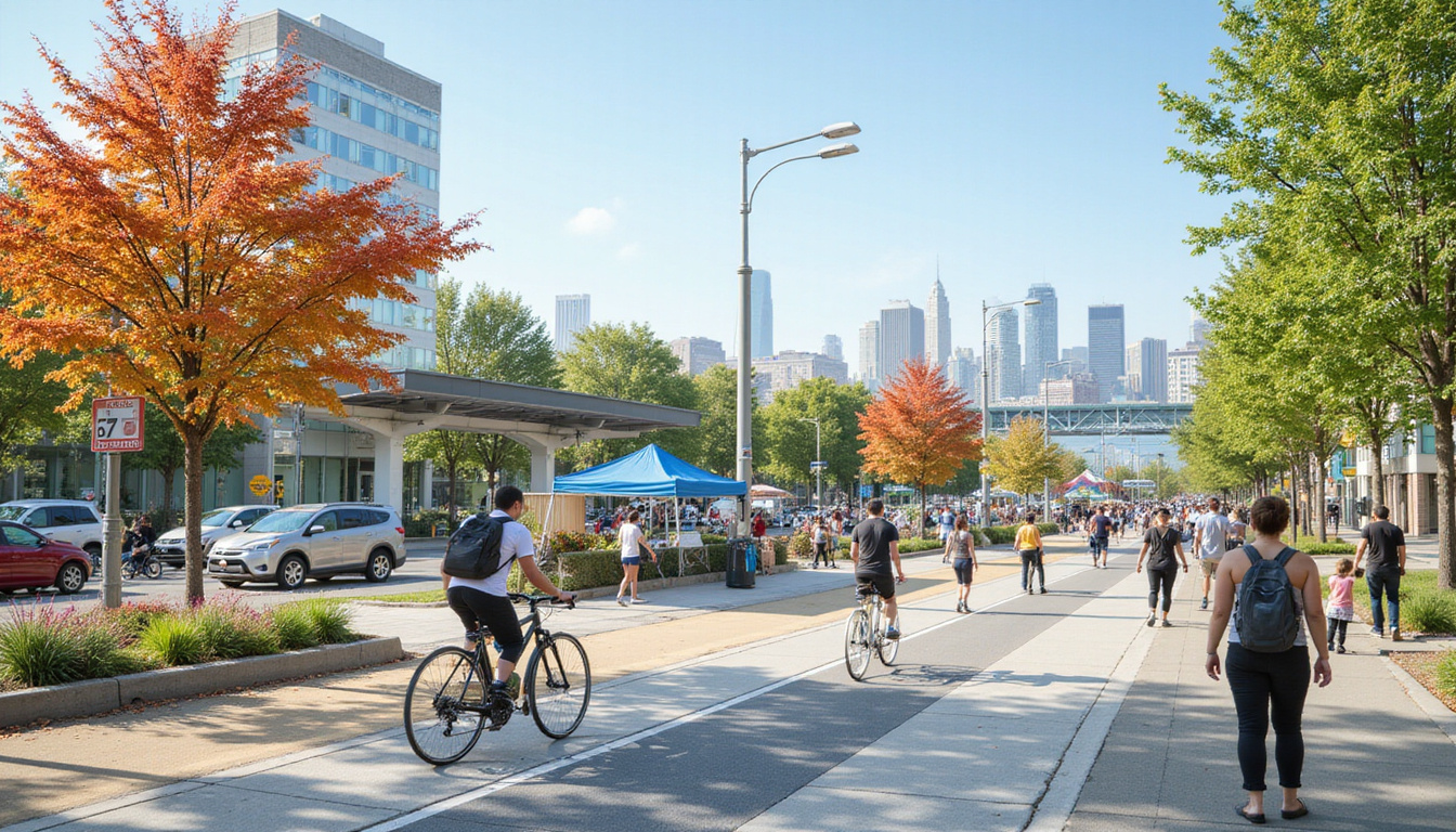  Accessible light-rail station, bike lanes, farmers market, families strolling, skyline view