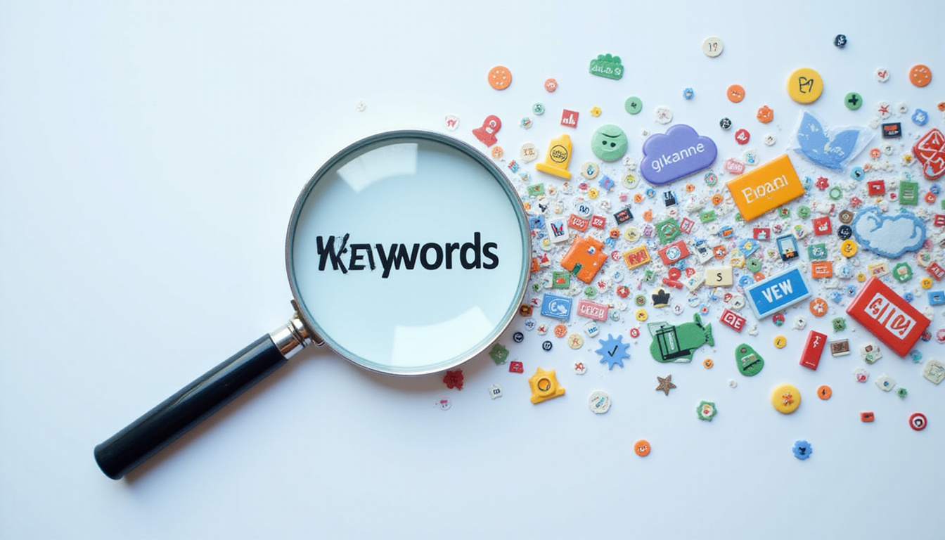  Magnifying glass revealing keywords, crowded website icons flowing like traffic, bright conversion beams