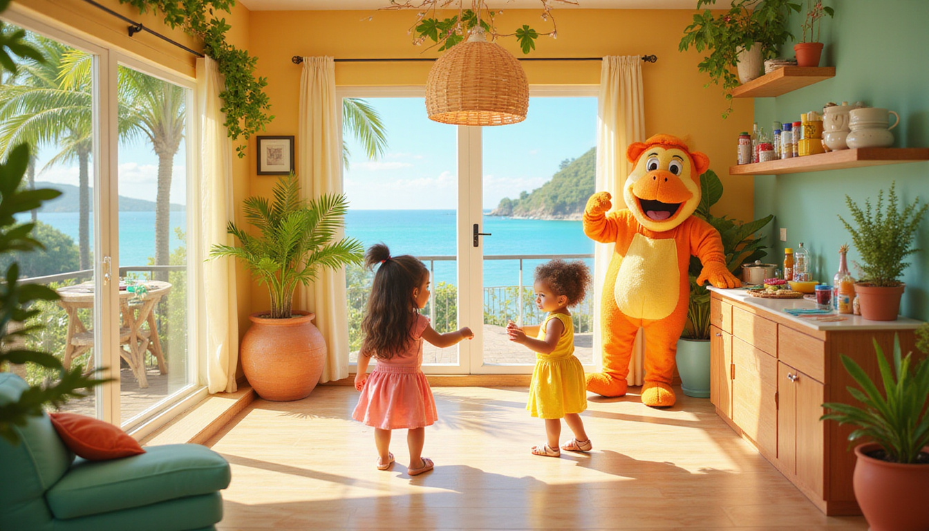 Sunny tropical resort playroom with arts and crafts, mini chefs, mascot dance party, parents relaxing