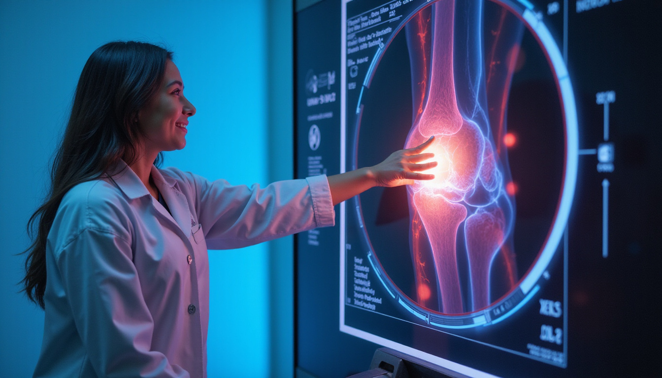  Clinical lab breakthrough scene, scientists celebrating beside MRI of healed knee, mobility restored