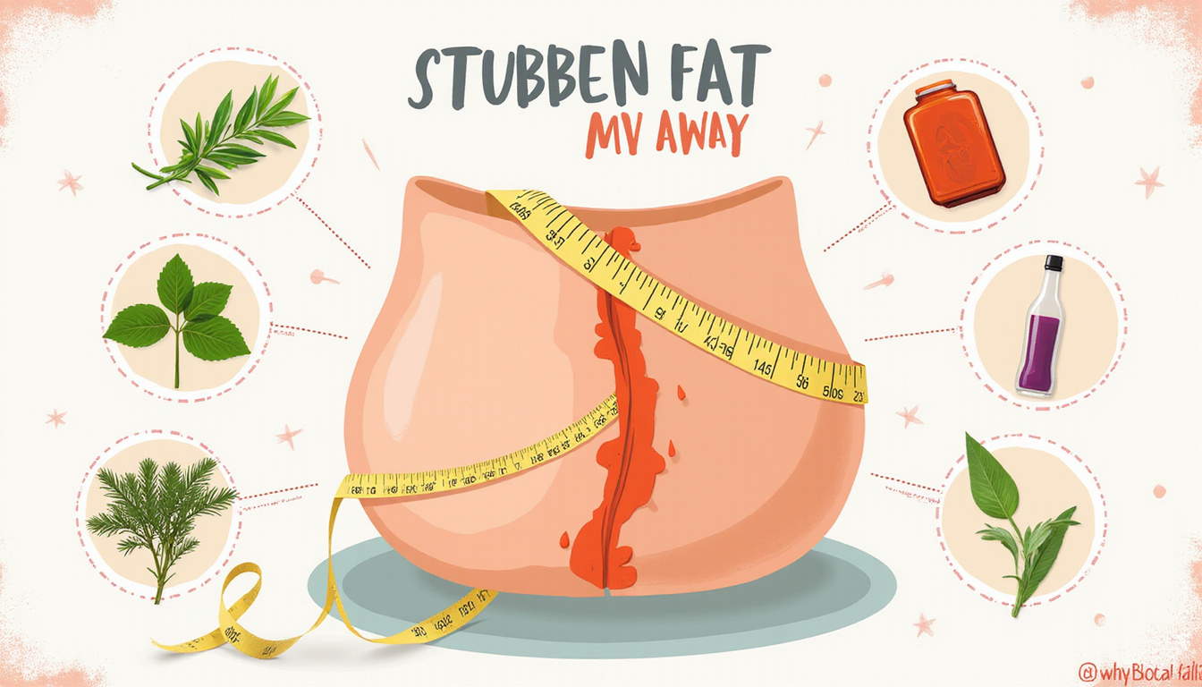  Stylized infographic of stubborn fat melting away, measuring tape, herbs, hormone icons, warm pastel palette