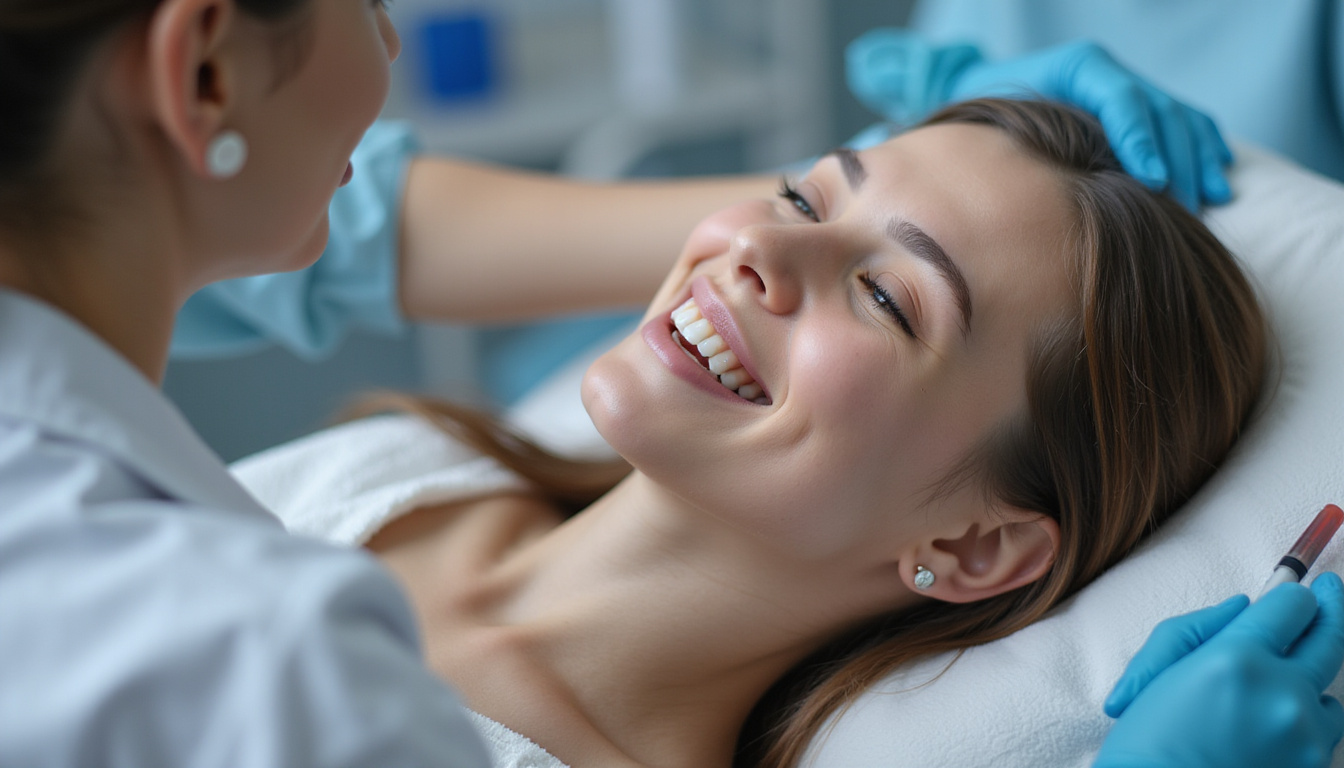  Close-up of hands applying ultrasound-guided injection and electrical stimulation pads, hopeful patient smiling