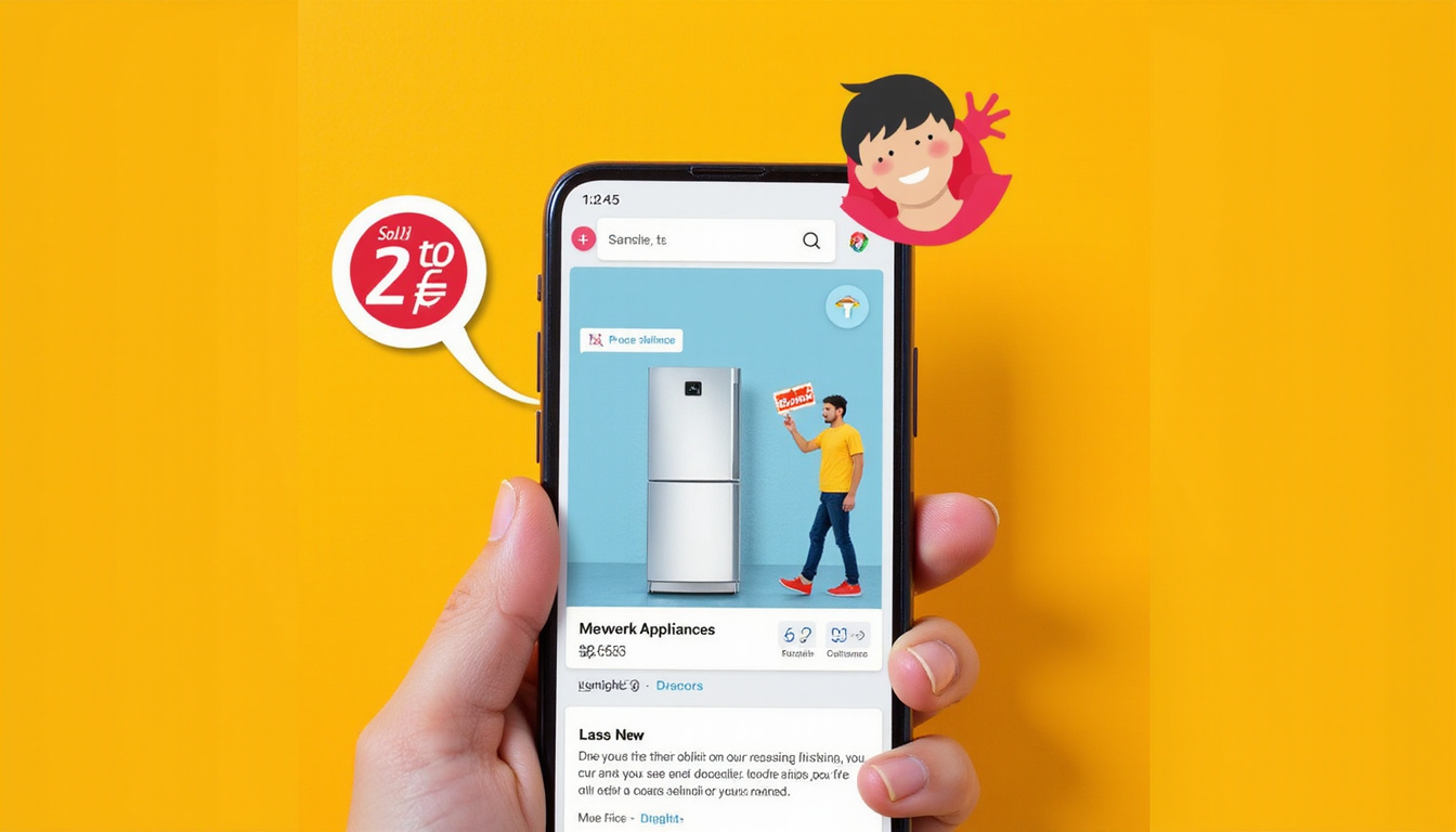 Online marketplace listing on smartphone, sold appliance, buyer pickup, zero-fee badge, smiling seller