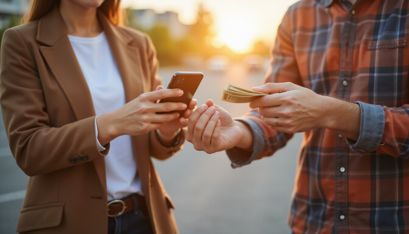  entrepreneurial seller negotiating, cash exchange hands, smartphone inventory app, warm golden-hour lighting