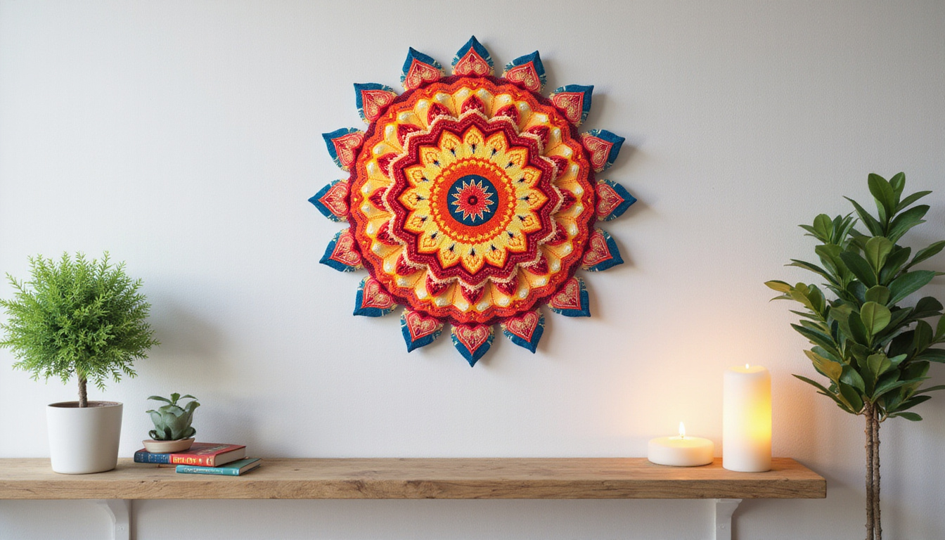 Floating abstract mandala wall art, natural oak shelving, candles, greenery, peaceful sunrise glow