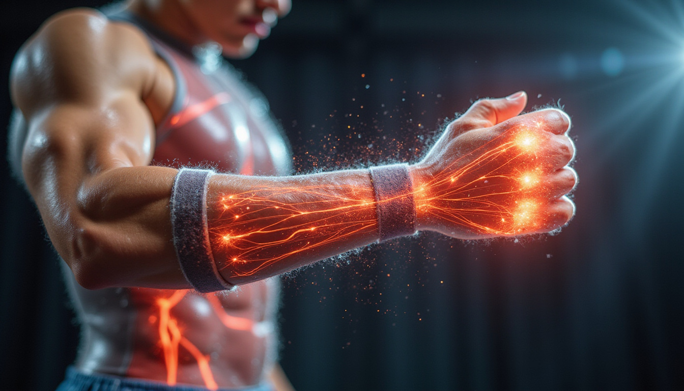  Close-up of athletic wrist with supportive brace, motion blur, power smash, anatomical overlay