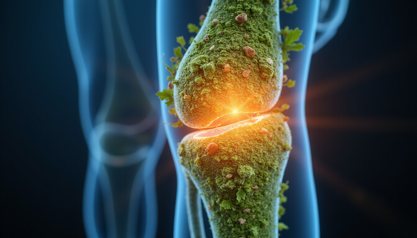  Close-up knee anatomy overlay with herbs, green tea, boswellia, collagen powder, glowing relief