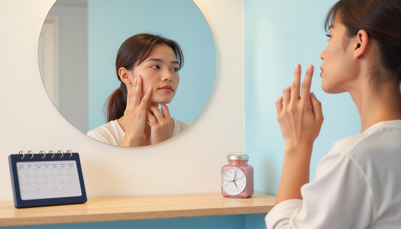  Calm young woman checking skin in mirror, calendar and dosage tracker on countertop