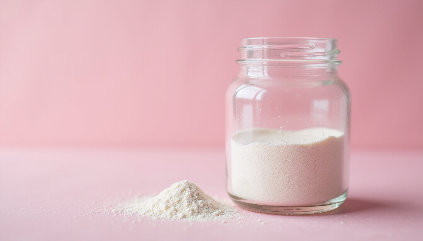  Delicate glass jar of micronized progesterone powder, balanced hormone icons, calming pastel palette, light