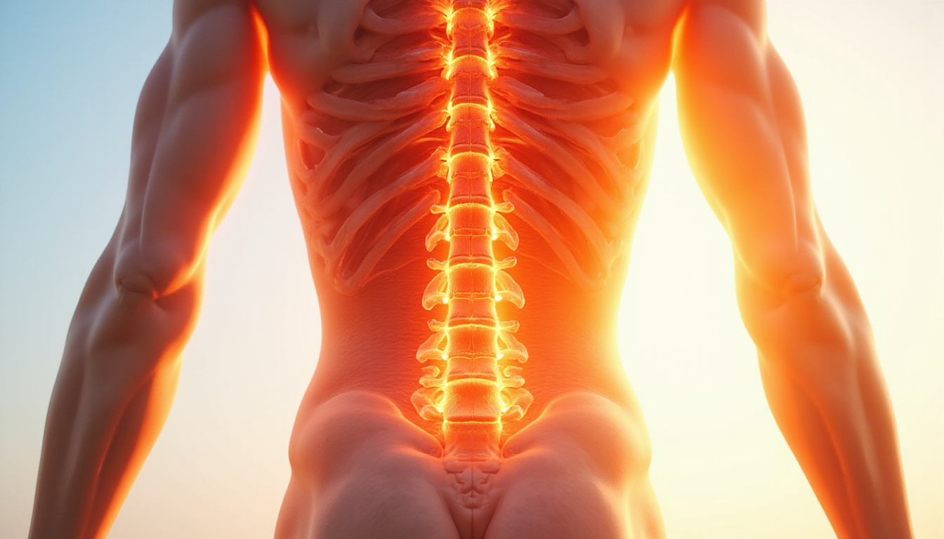  Cutaway anatomical view: strong abdominal muscles stabilizing spine, warm light, minimalist medical illustration