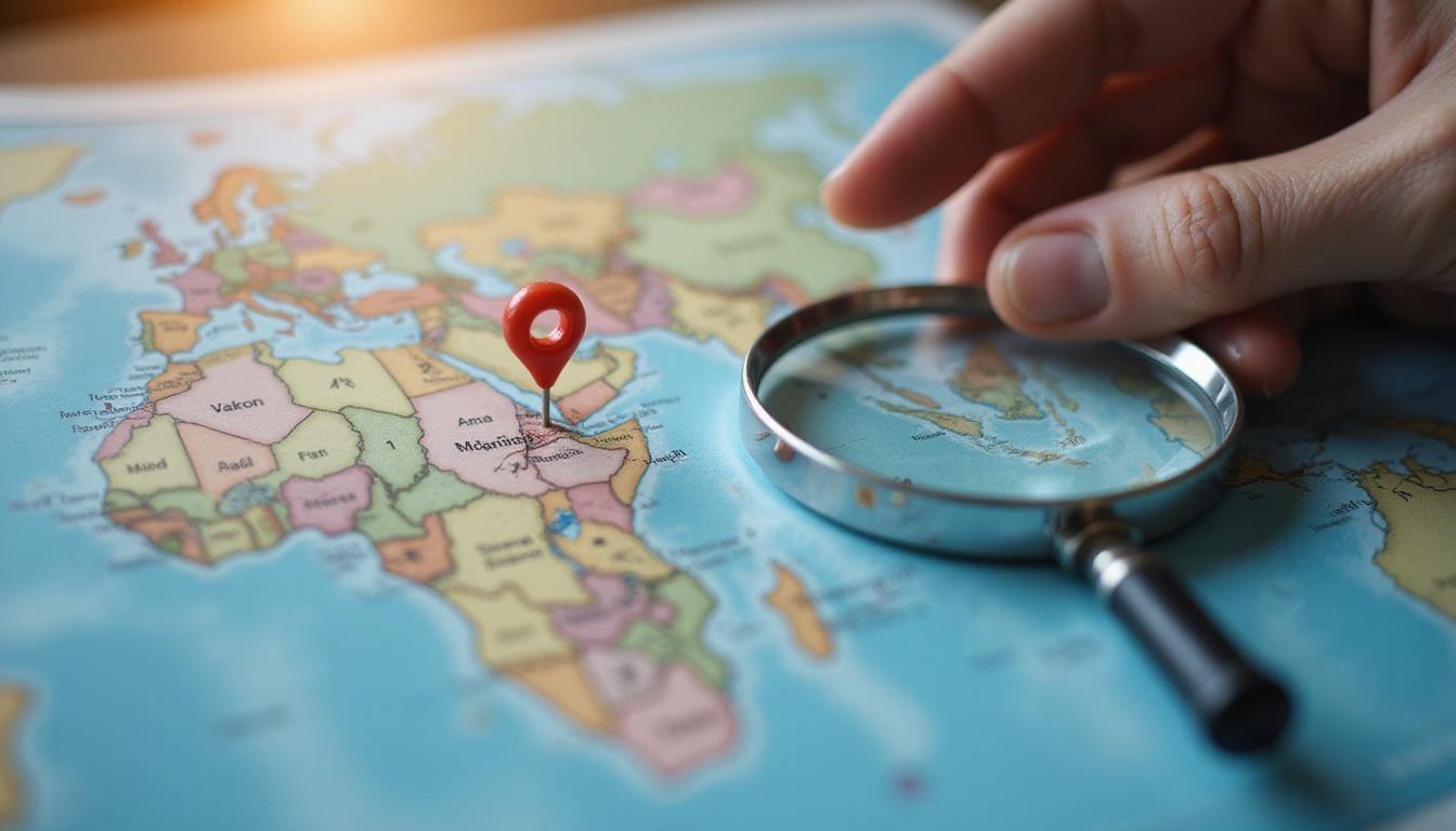 Close-up of hand holding magnifying glass over digital map with agent pins, warm lighting