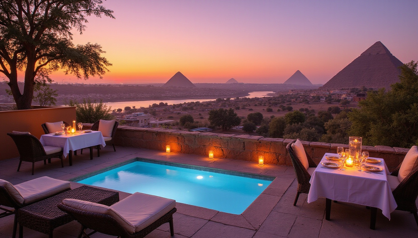  Rooftop terrace overlooking Nile and distant pyramids at sunset, private plunge pool, lantern-lit dining