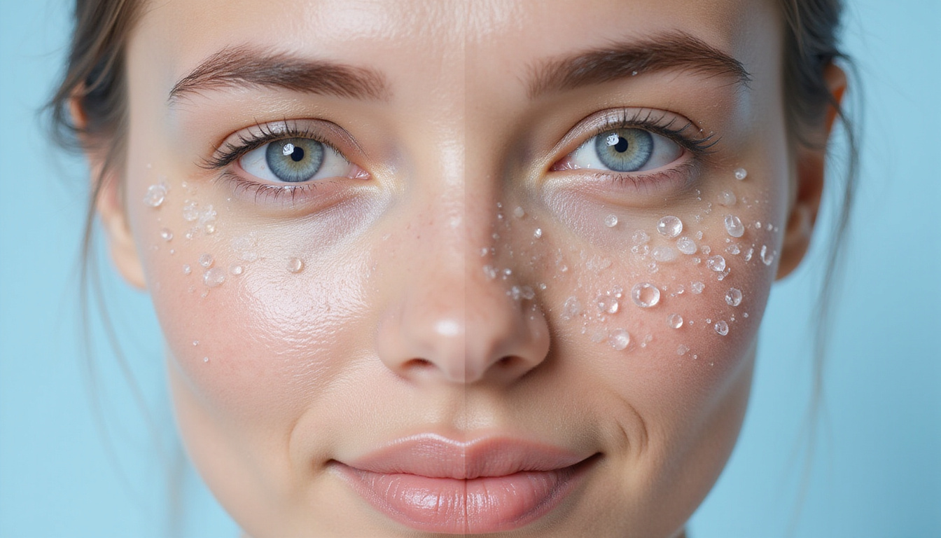  close-up split-face: before swollen filler, after dissolved, translucent enzyme molecules, dramatic contrast